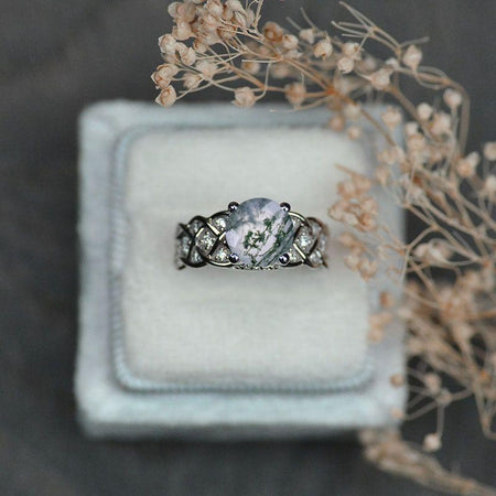 2.0 Carat Genuine Moss Agate Engagement White Gold Ring