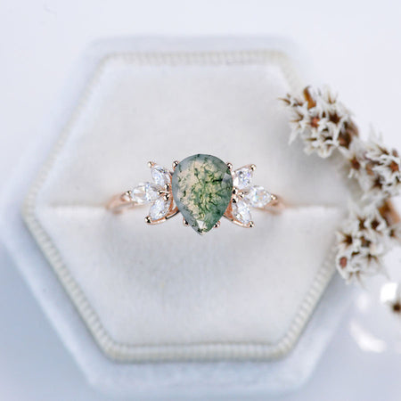 Pear Genuine Moss Agate Engagement Ring. Vintage moss agate Cut Cluster Engagement Ring