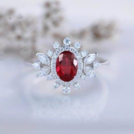 14K White Gold 1.5 Carat Oval Snowflake Ruby Halo Engagement Ring
