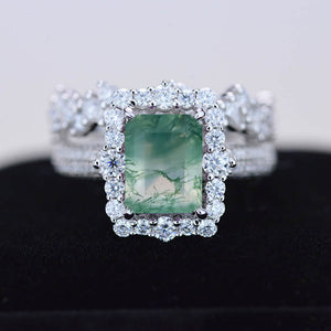 2Ct Genuine Moss Agate Ring Halo Emerald Cut Moss Agate Ring, 8x6mm Step Cut Moss Agate Ring with Eternity Band