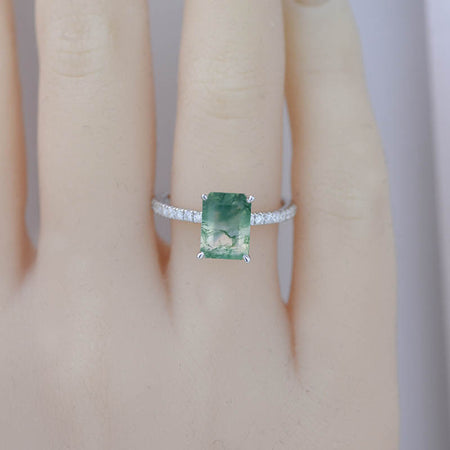 2 Carat Giliarto Emerald Cut Genuine Moss Agate Hidden Halo Engagement Ring