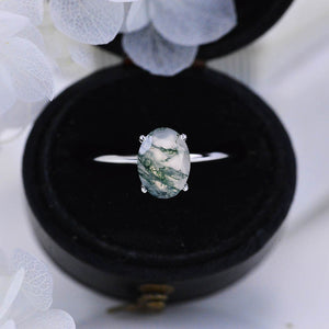 1.5 Carat Genuine Moss Agate 14K White Gold Engagement Promissory Ring