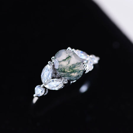 14K Oval Genuine Moss Agate Solid White Gold Dainty Ring,