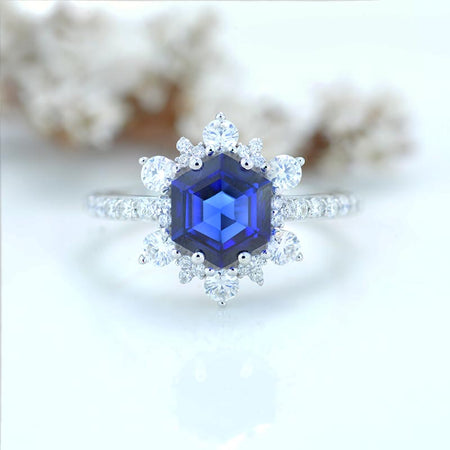 3 Carat Hexagonal Sapphire Snowflake Halo Engagement Ring. Victorian 14K Rose Gold Ring