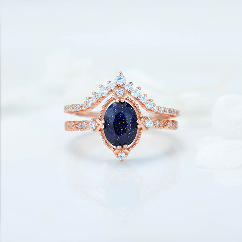 Natural Sandstone Ring Set, 2ct Oval Cut Sandstone Vintage Ring Set, Rose Gold Ring Unique Curved Ring