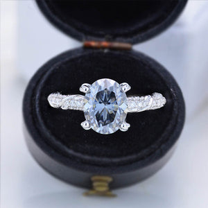 3CT Oval Dark Gray-Blue Moissanite Wedding Ring. Three Stone Moissanite Engagement 14K White Gold Floral Engagement Ring. Anniversary Ring. Promise Ring