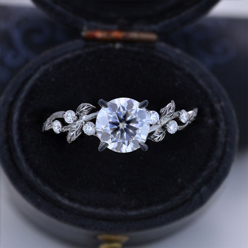 Round Brilliant Cut Moissanite Floral Black Gold Engagement Round Brilliant Cut Moissanite Floral Black Gold Engagement