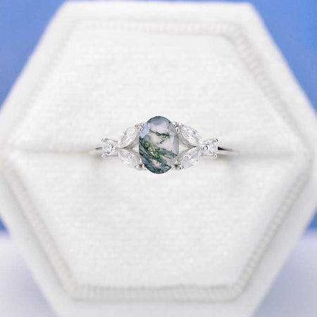 14K White Gold 1.5 Carat Oval Genuine Moss Agate  Halo Vintage Engagement Ring