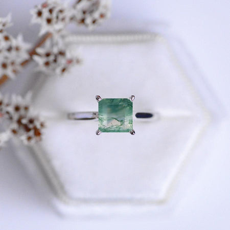 2 Carat  Princess Cut Genuine Moss Agate White Gold Giliarto Engagement Ring