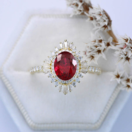 2 Carat Ruby Oval Cut Halo Gold Engagement Ring