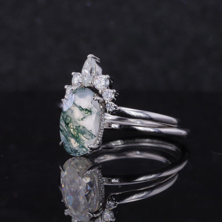 4 Carat Oval Cut Genuine Moss Agate White Gold Engagement Ring Set