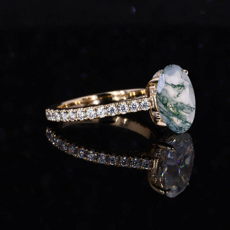 3 Carat Genuine Moss agate Oval Cut Hidden Halo Rose Gold Engagement  Ring