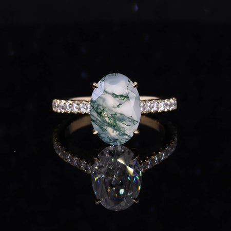 2 Carat Genuine Moss Agate Oval Cut Hidden Halo Rose Gold Engagement  Ring