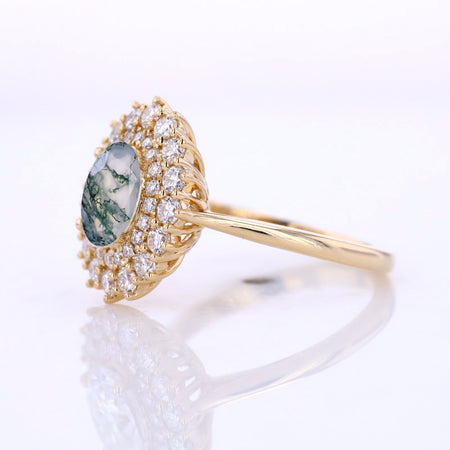 1 Ct  Double Halo Engagement Ring, Vintage Oval Shape Cut Genuine Moss Agate Engagement Ring, Side Accents Stones 14K Gold