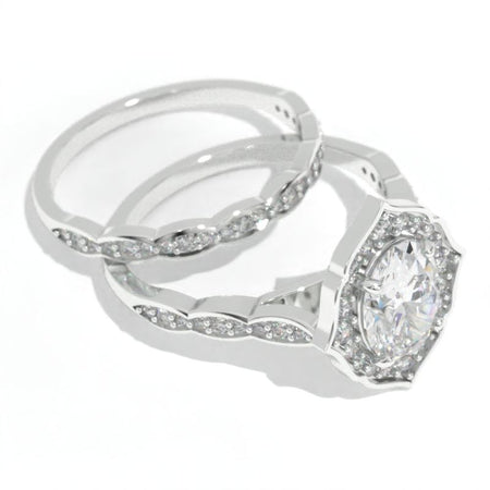 1.5 Carat Oval Moissanite Halo Engagement Ring Eternity Ring Set