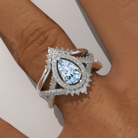 14K White Gold 1.5 Carat Pear Aquamarine Halo Twisted Engagement Ring Eternity Ring Set