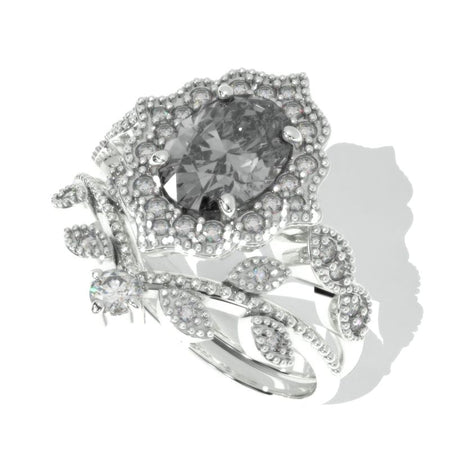 14K White Gold 1.9 Carat Oval Gray Moissanite Halo Engagement Ring Eternity Ring Set