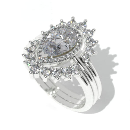 14K White Gold 1.5 Carat Pear Moissanite Halo  Engagement Ring Eternity Ring Set