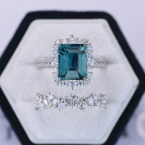 3Ct Moissanite Engagement Ring Halo Radiant Cut Teal Sapphire Engagement Ring Set.