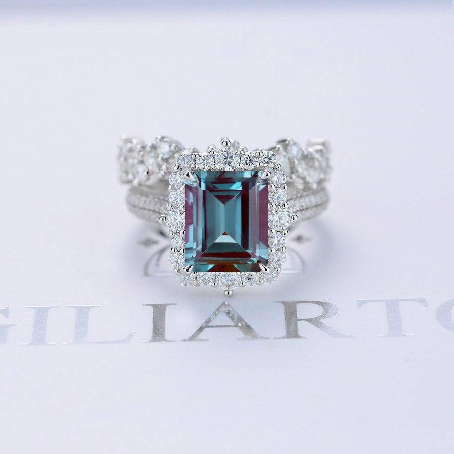 2Ct Alexandrite Engagement Ring Halo Emerald Cut Alexandrite Engagemen ...