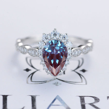 14K White Gold 3 Carat Pear Alexandrite  Halo Engagement Ring