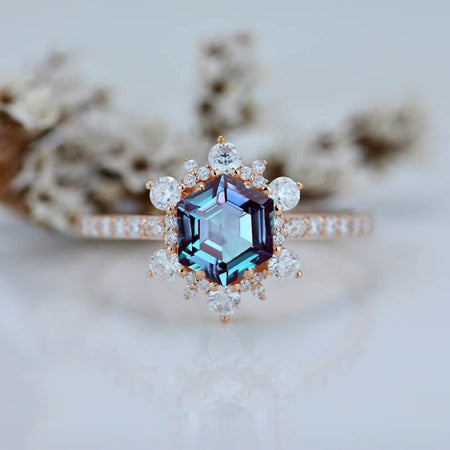 3 Carat Hexagonal Alexandrite Snowflake Halo Engagement Ring. Victorian 14K Rose Gold Ring