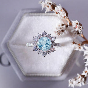 2 Carat Round Aquamarine Snowflake Halo Engagement Ring. Victorian 14K White Gold Ring