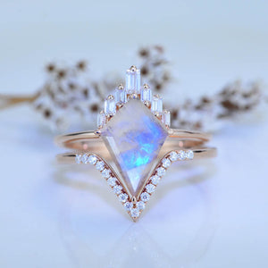 14K Gold 4 Carat Kite Moonstone Halo Engagement Ring, Eternity Ring Set