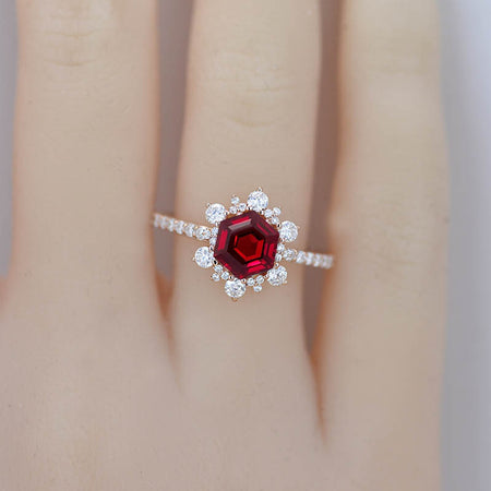 3 Carat Hexagonal Ruby Snowflake Halo Engagement Ring. Victorian 14K Rose Gold Ring