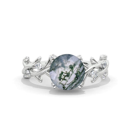 2 Carat Genuine Moss agate Leaf Engagement Ring. Rose Gold Floral Twig Ring