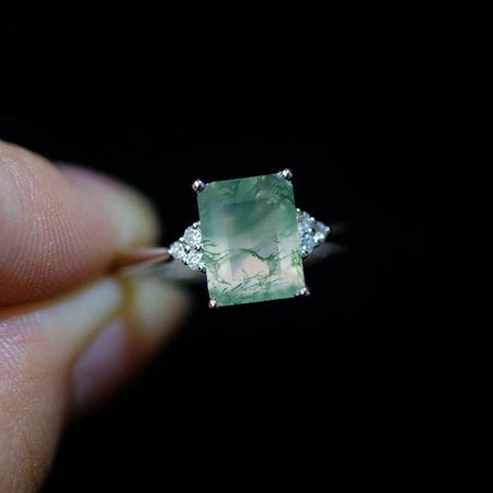 3Ct Emerald Shape Step Cut Genuine Moss Agate ring, 3 Carat Genuine Moss Agate Ring, Genuine Aquamarine Vintage Ring