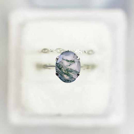 Carat Oval Genuine Moss Agate Engagement Eternity Gold Rings Set