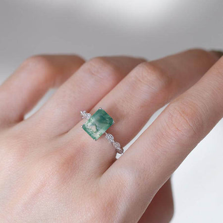 3 Carat Emerald Cut Genuine Moss Agate Vintage Ring