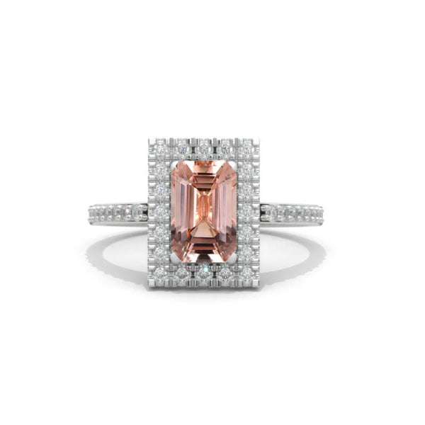 2 Carat Emerald Cut Genuine Peach Morganite Halo Gold Engagement Ring ...