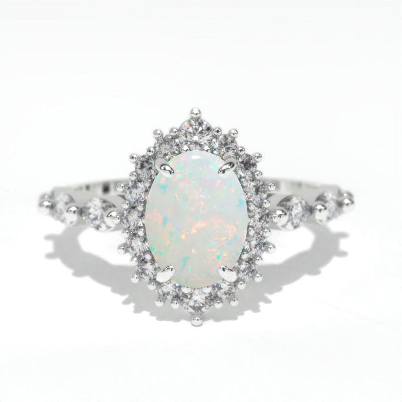 14K Solid Gold Ring 1.5CT Oval Halo Genuine Natural White Opal Wedding Ring Stone Engagement Ring Anniversary Ring Yellow White Gold Ring Pave Set Colar
