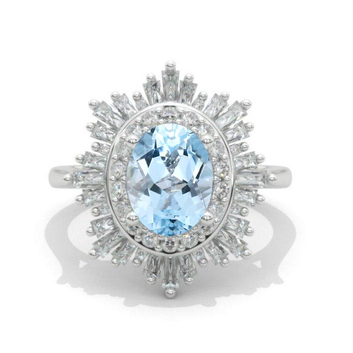 14K White Gold 2 Carat Oval Genuine Aquamarine Halo Engagement Ring