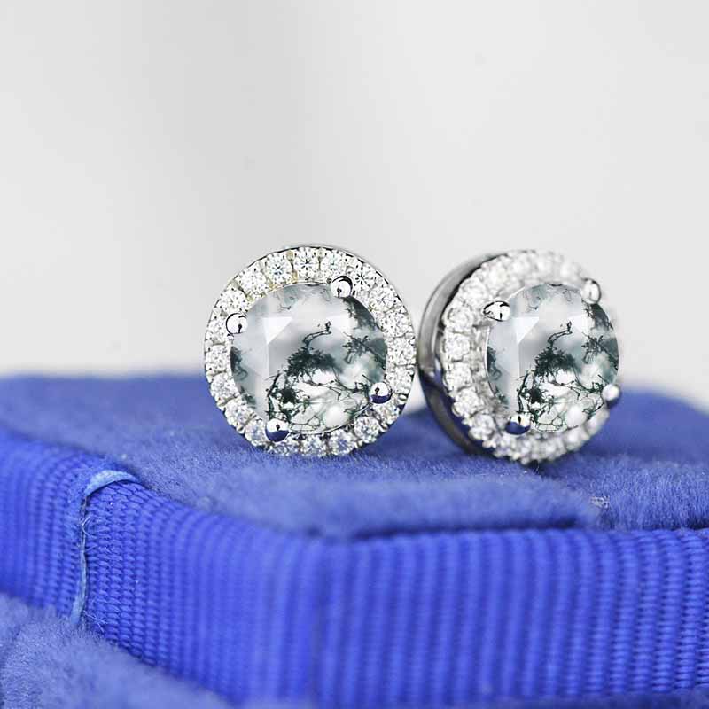 Genuine Moss Agate Halo Stud Earrings 14K Gold
