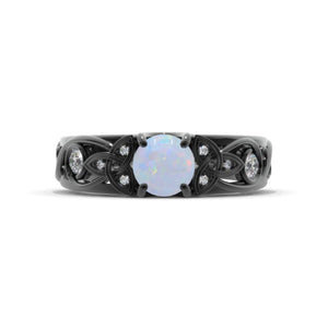 Genuine Natural White Opal Celtic Engagement Ring 14K Black Gold