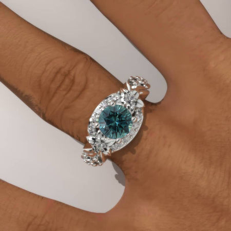 1.5 Carat Teal Sapphire Gold Floral Engagement Ring