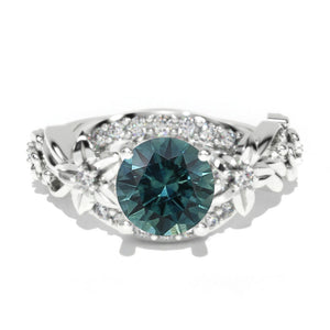1.5 Carat Teal Sapphire Gold Floral Engagement Ring