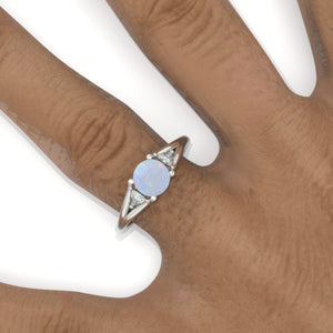 Trillion Three Stone Genuine Natural White Opal White Gold Engagement Ring