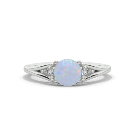 Trillion Three Stone Genuine Natural White Opal White Gold Engagement Ring