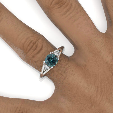 Trillion Three Stone Teal Sapphire White Gold Engagement Ring