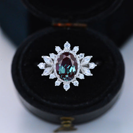 14K White Gold 1 Carat Oval Alexandrite Snowflake Halo Engagement Ring