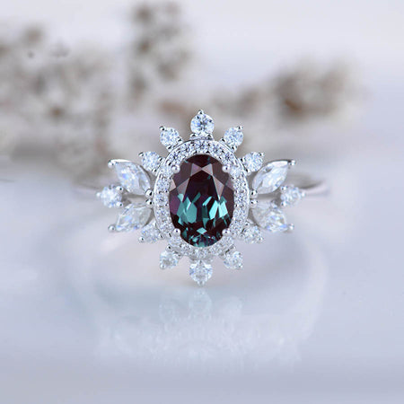 14K White Gold 1.5 Carat Oval Alexandrite Snowflake Halo Engagement Ring