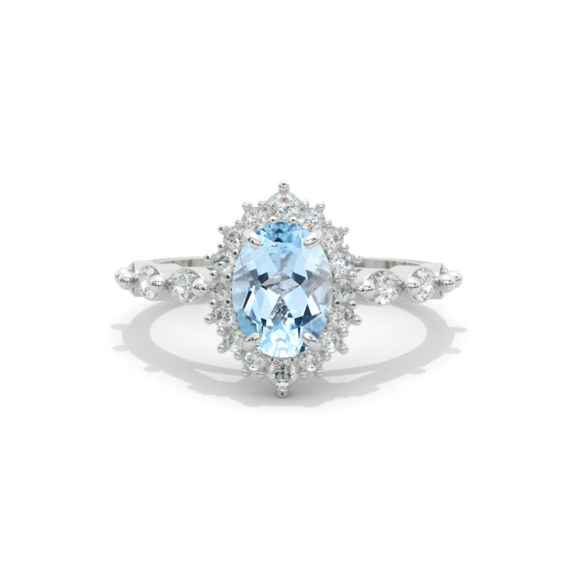 14K White Gold 1.2 Carat Oval Genuine Aquamarine Halo Engagement Ring