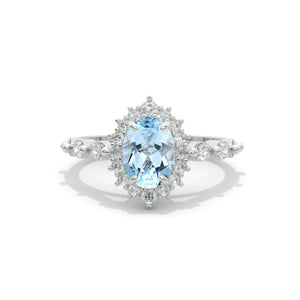 14K White Gold 1.2 Carat Oval Genuine Aquamarine Halo Engagement Ring