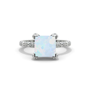 2.5 Carat Princess Cut Genuine Natural White Opal White Gold Engagement Ring