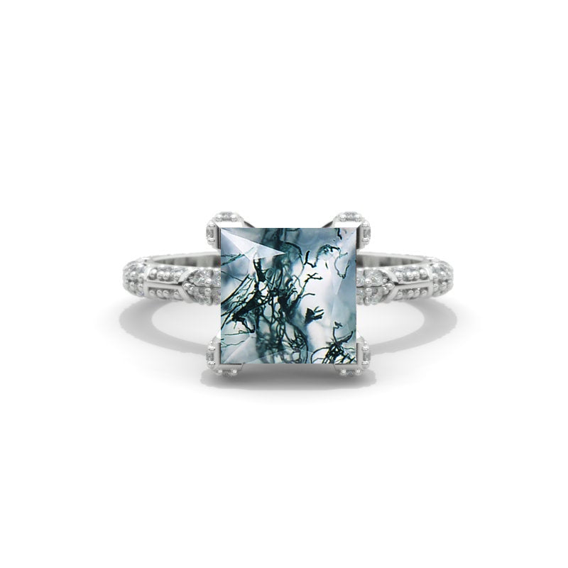 2.5 Carat Princess Cut Genuine Moss Agate White Gold Giliarto Engagement Ring