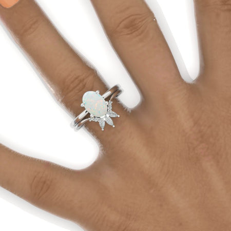 3 Carat Oval Genuine Natural White Opal 14K White Gold Engagement Ring, Eternity Ring Set